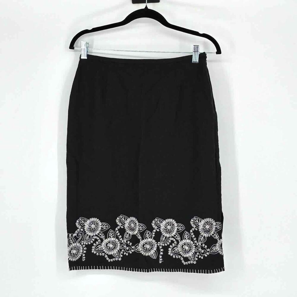 Vtg Edward Black Linen Blend Embroidered Knee Length Skirt - Size 4